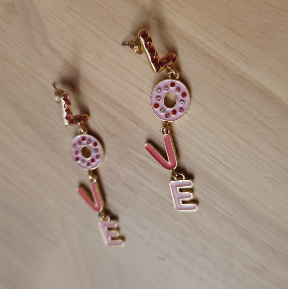 Altar'd State Love Pink Crystal Gold Charm Dangle Earrings